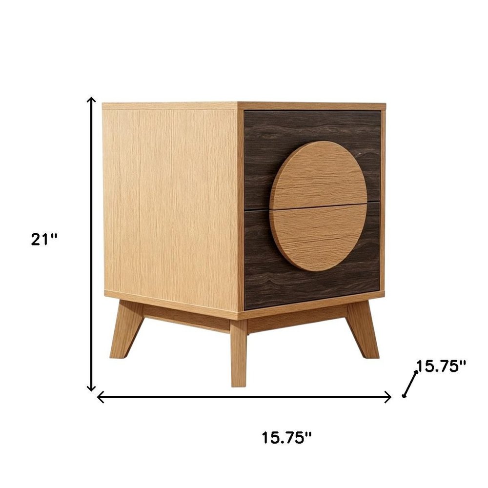 Set of Two 21" Oak And Dark Brown Solid Wood Square Two Drawer Nightstands  Warm Home View