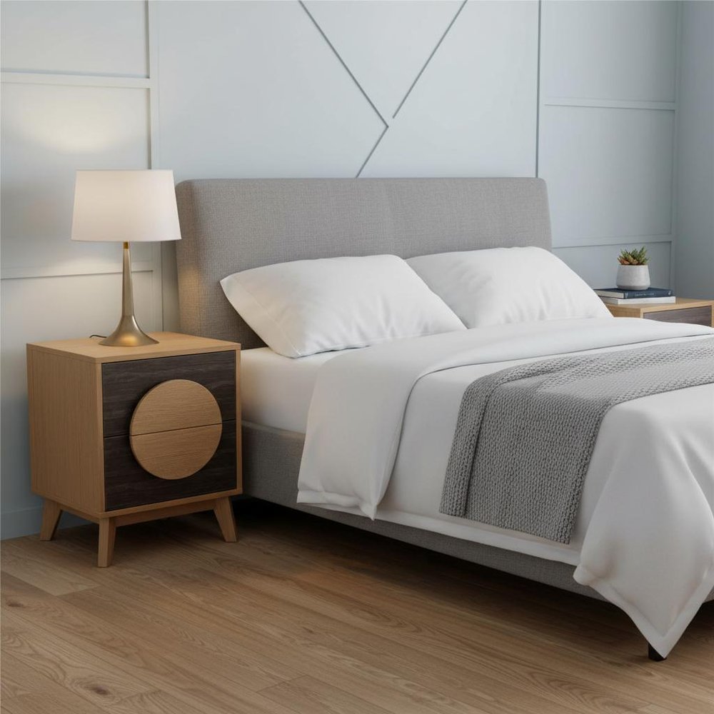 Set of Two 21" Oak And Dark Brown Solid Wood Square Two Drawer Nightstands  Warm Home View