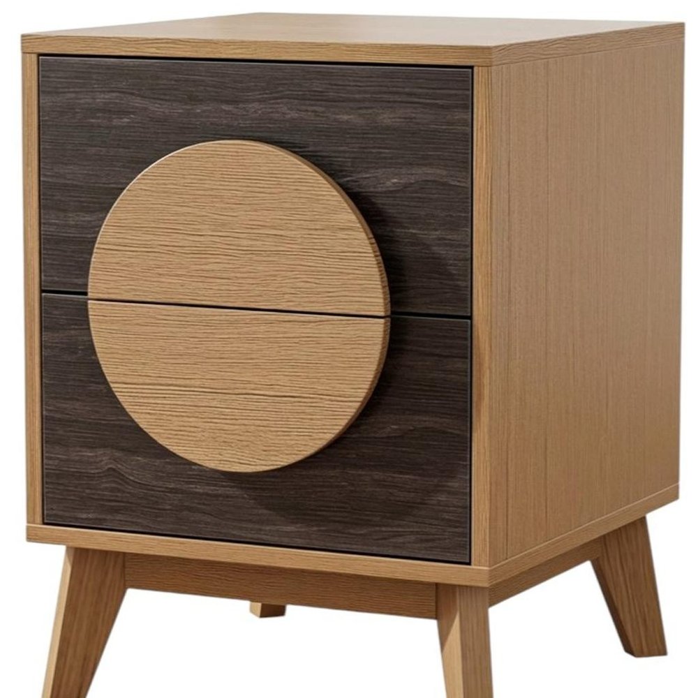 Set of Two 21" Oak And Dark Brown Solid Wood Square Two Drawer Nightstands  Warm Home View