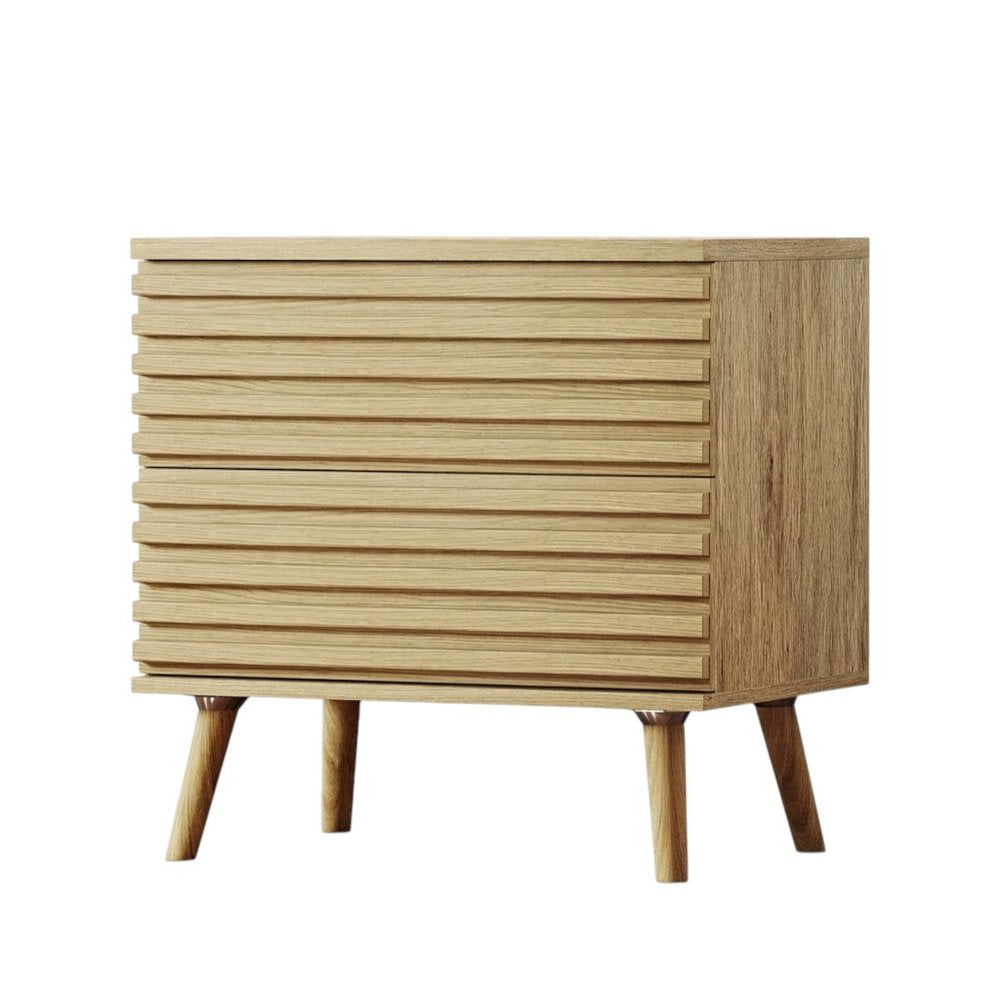 Set of Two 23" Natural Solid Wood Ribbed Texture Two Drawer Nightstand  Warm Home View