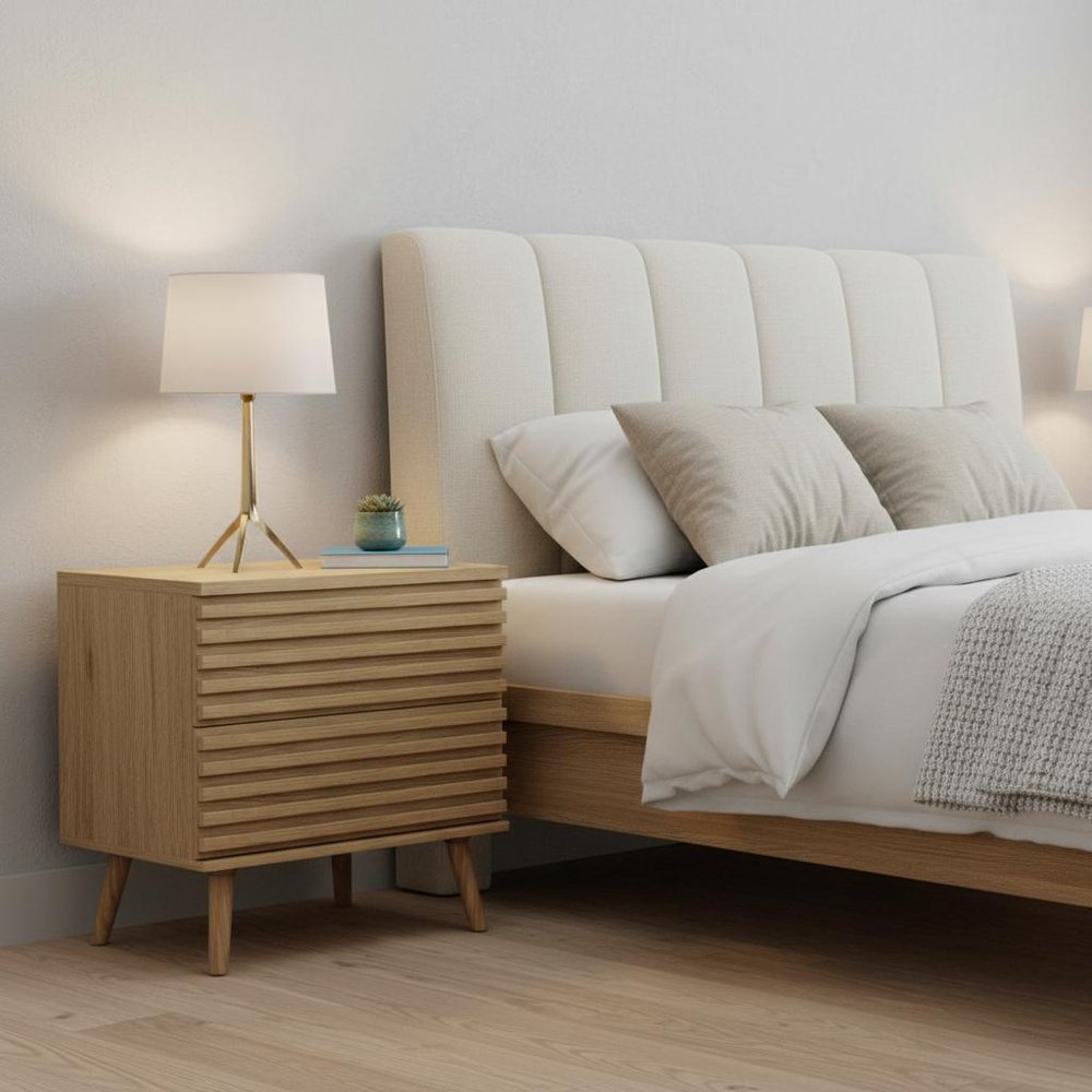 Set of Two 23" Natural Solid Wood Ribbed Texture Two Drawer Nightstand  Warm Home View