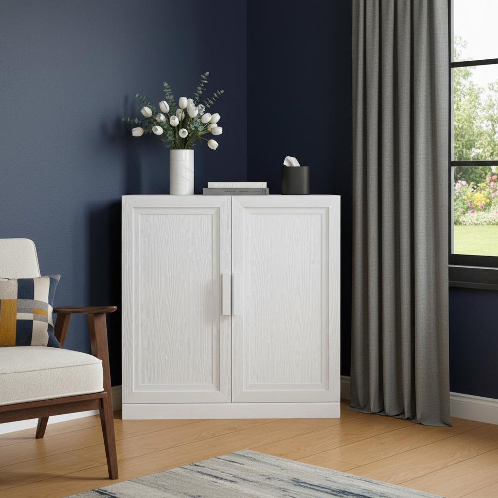 Set Of Two White Wood Corner Accent Cabinet With Two Doors  Warm Home View