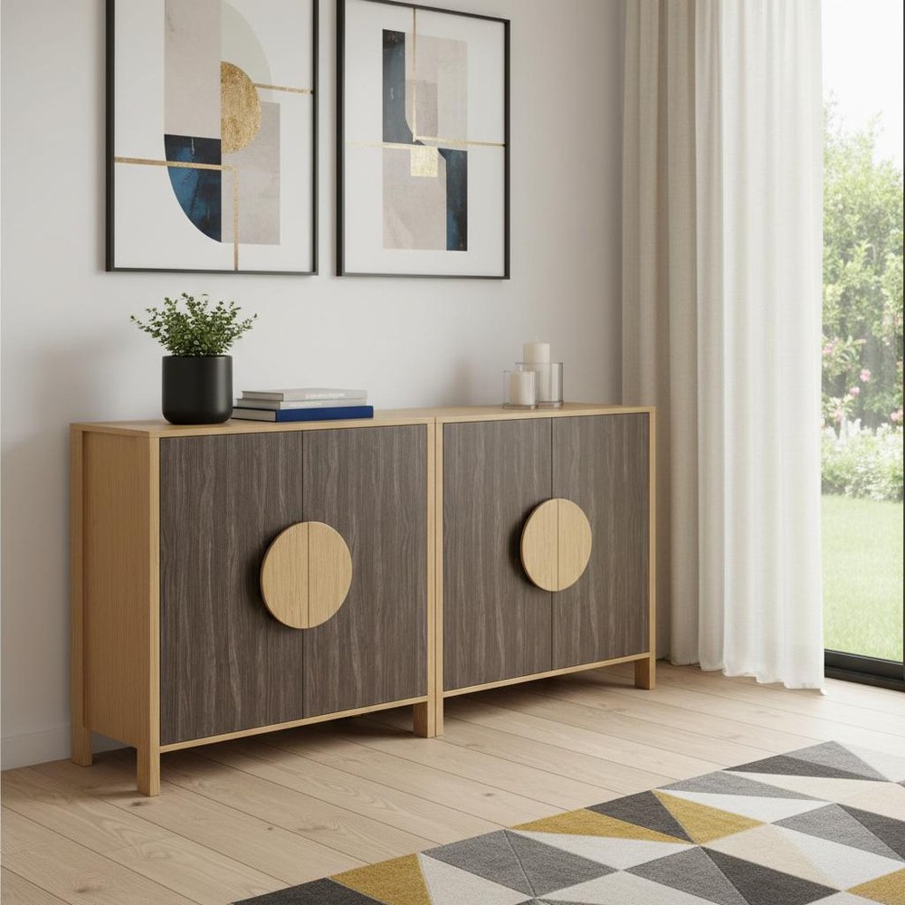 Set Of Two Sepia Solid Wood Console Accent Cabinet With Two Doors  Warm Home View