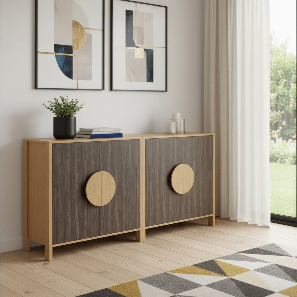 Set Of Two Sepia Solid Wood Console Accent Cabinet With Two Doors  Warm Home View
