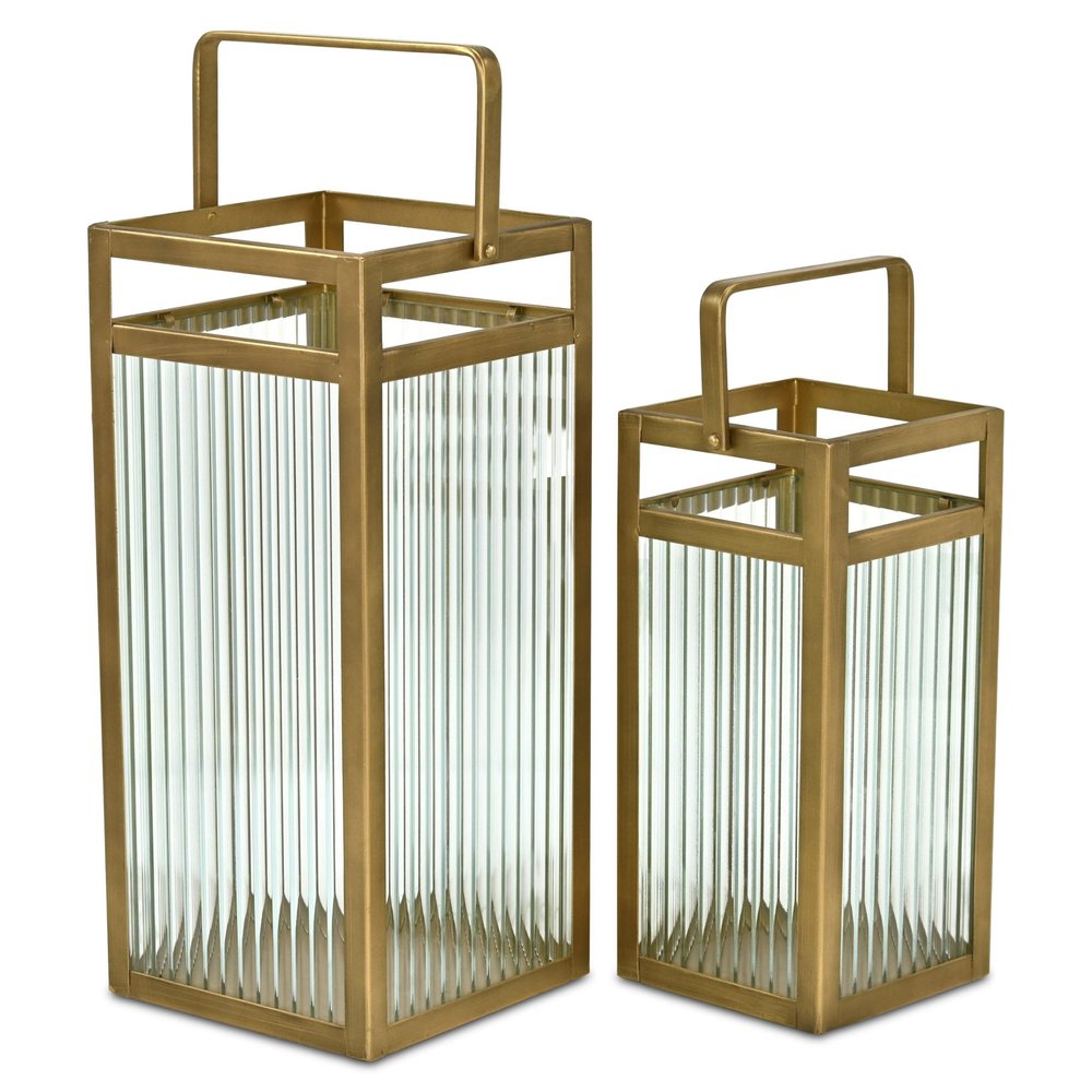 Set of Two Gold Metal Floor Lantern Candle Holders  Warm Home View