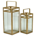 Set of Two Gold Metal Floor Lantern Candle Holders  Warm Home View