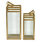 Set of Two Gold Metal Floor Lantern Candle Holders  Warm Home View