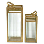 Set of Two Gold Metal Floor Lantern Candle Holders  Warm Home View
