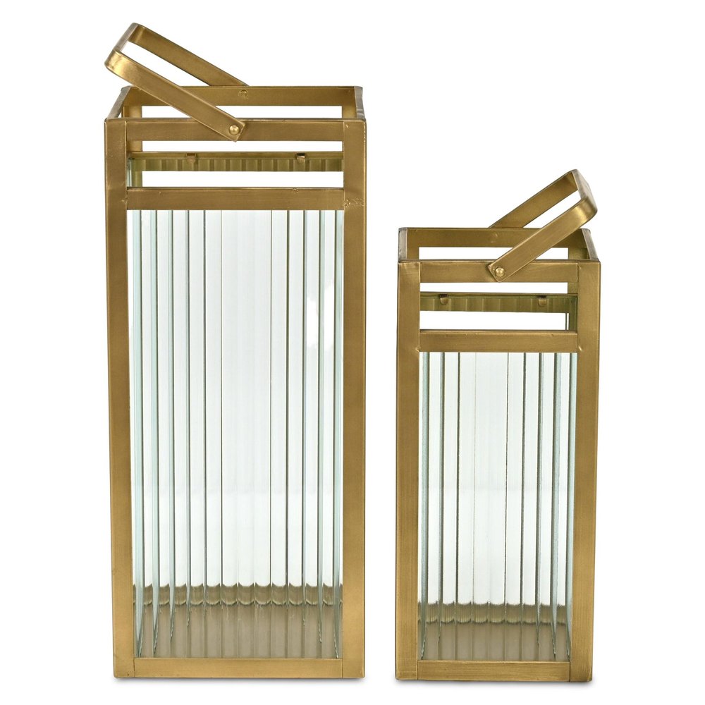 Set of Two Gold Metal Floor Lantern Candle Holders  Warm Home View