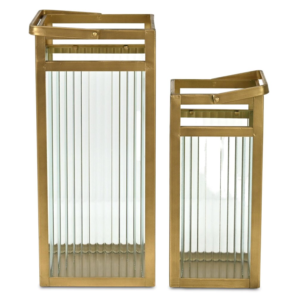 Set of Two Gold Metal Floor Lantern Candle Holders  Warm Home View