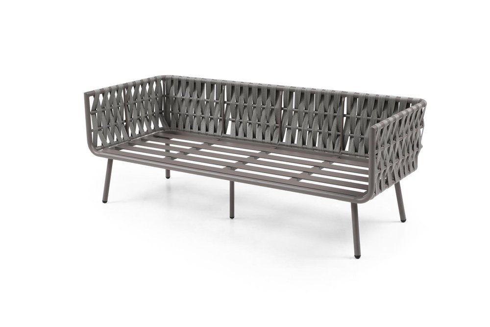 Four Piece Gray and Taupe Metal Upholstered Cushions Sofa Seating Group With Table  Warm Home View