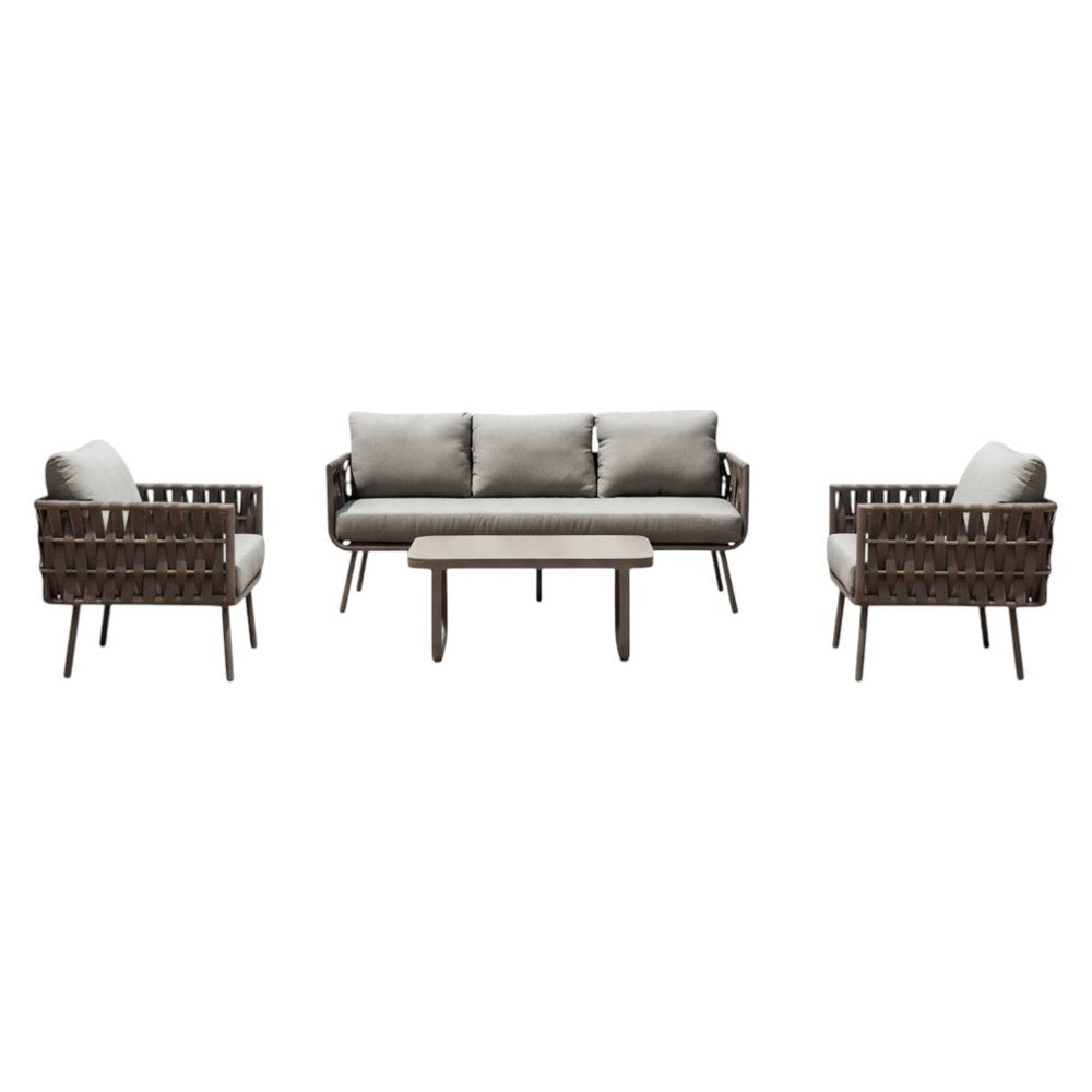 Four Piece Gray and Taupe Metal Upholstered Cushions Sofa Seating Group With Table  Warm Home View