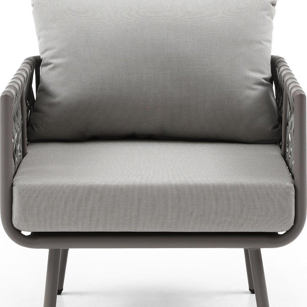 Four Piece Gray and Taupe Metal Upholstered Cushions Sofa Seating Group With Table  Warm Home View