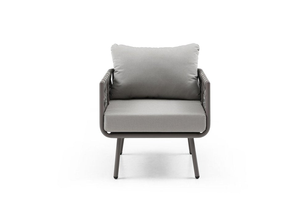 Four Piece Gray and Taupe Metal Upholstered Cushions Sofa Seating Group With Table  Warm Home View