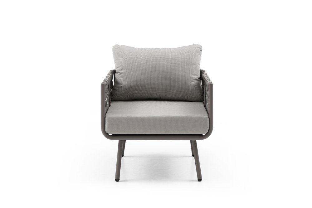 Four Piece Gray and Taupe Metal Upholstered Cushions Sofa Seating Group With Table  Warm Home View