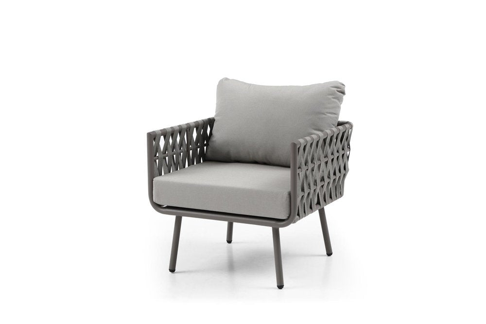 Four Piece Gray and Taupe Metal Upholstered Cushions Sofa Seating Group With Table  Warm Home View