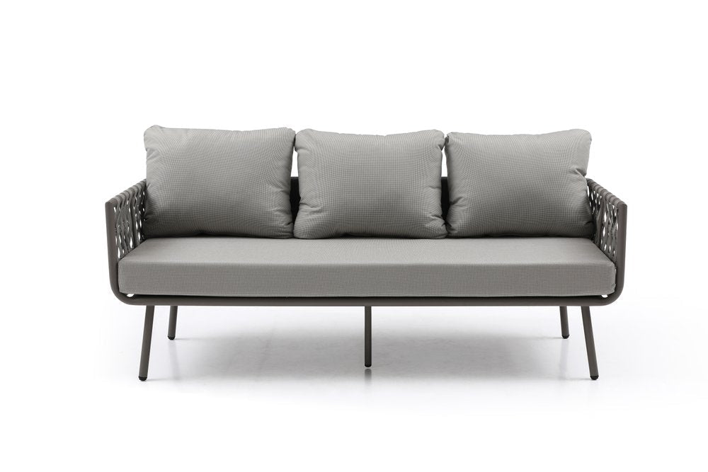 Four Piece Gray and Taupe Metal Upholstered Cushions Sofa Seating Group With Table  Warm Home View