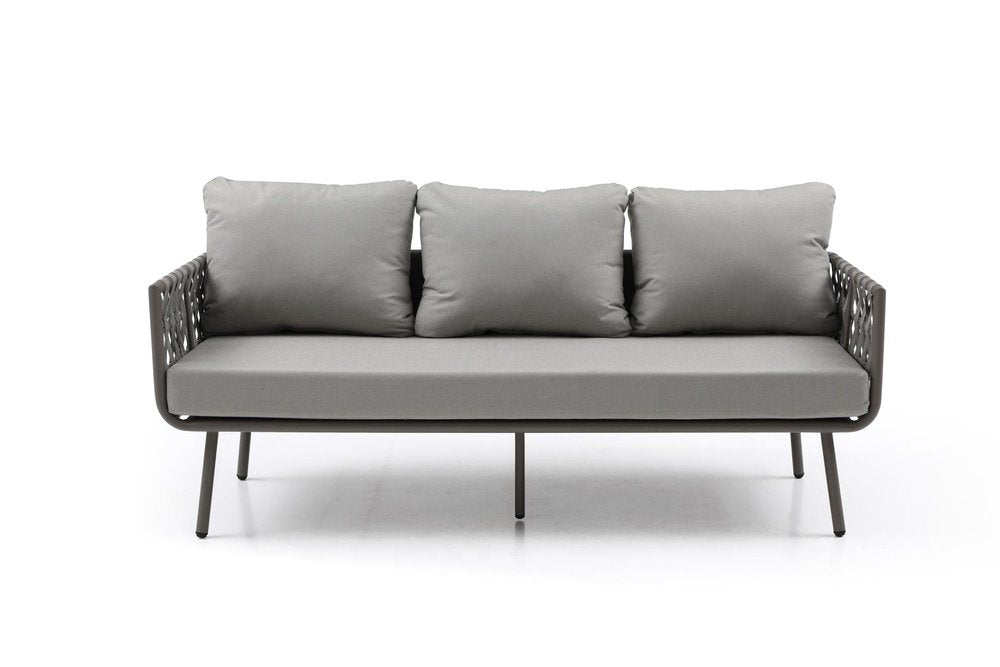 Four Piece Gray and Taupe Metal Upholstered Cushions Sofa Seating Group With Table  Warm Home View