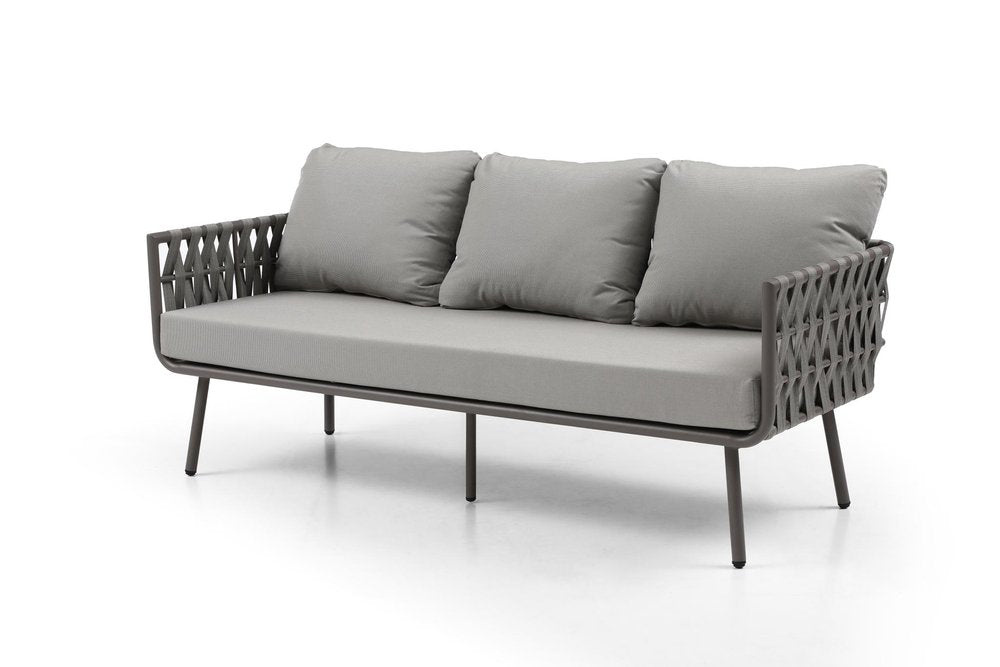 Four Piece Gray and Taupe Metal Upholstered Cushions Sofa Seating Group With Table  Warm Home View