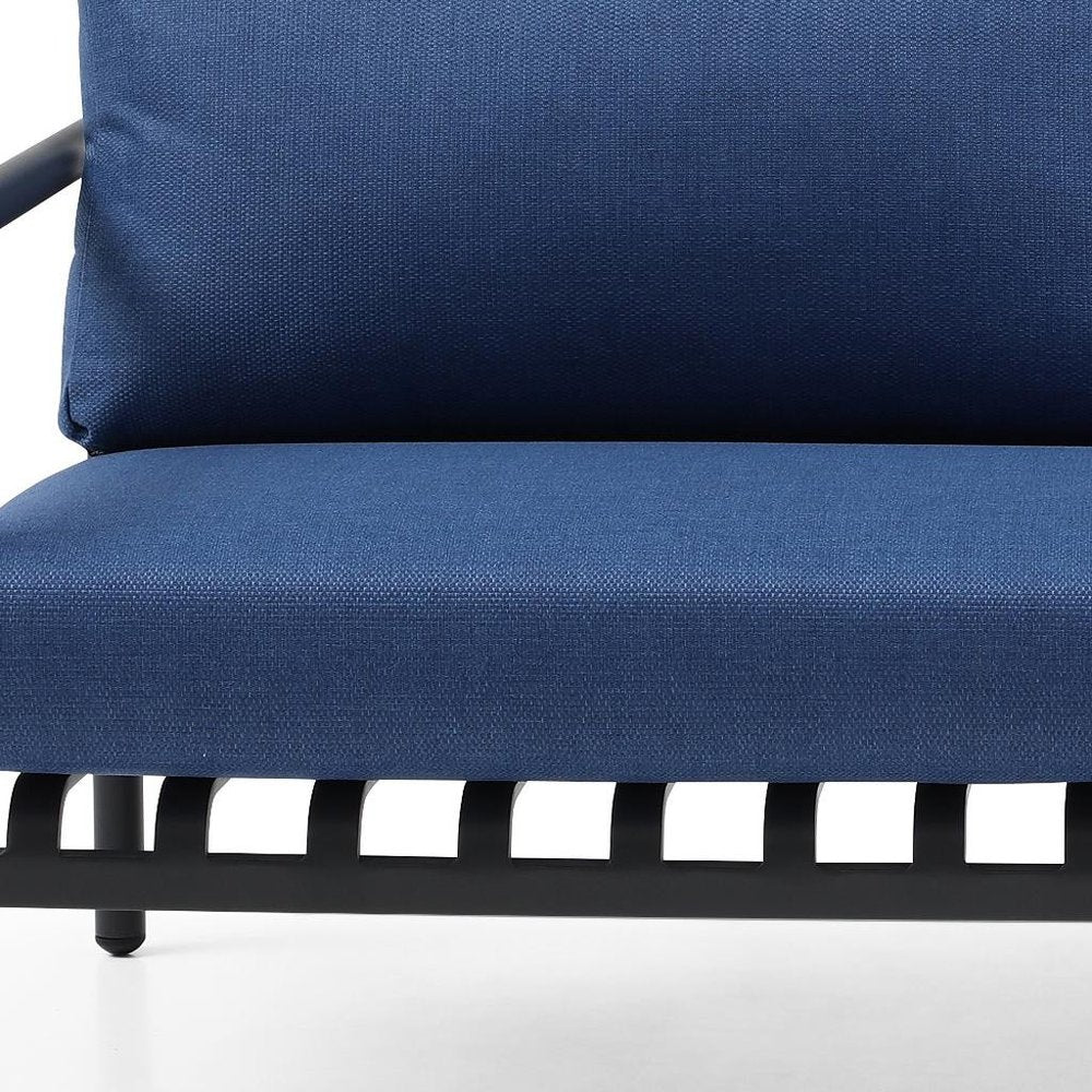 Four Piece Dark Gray and Blue Metal Upholstered Cushions Sofa Seating Group With Table  Warm Home View