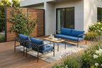 Four Piece Dark Gray and Blue Metal Upholstered Cushions Sofa Seating Group With Table  Warm Home View