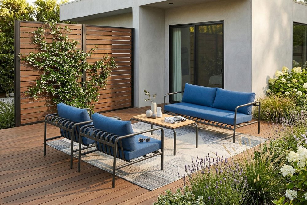 Four Piece Dark Gray and Blue Metal Upholstered Cushions Sofa Seating Group With Table  Warm Home View
