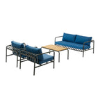 Four Piece Dark Gray and Blue Metal Upholstered Cushions Sofa Seating Group With Table  Warm Home View