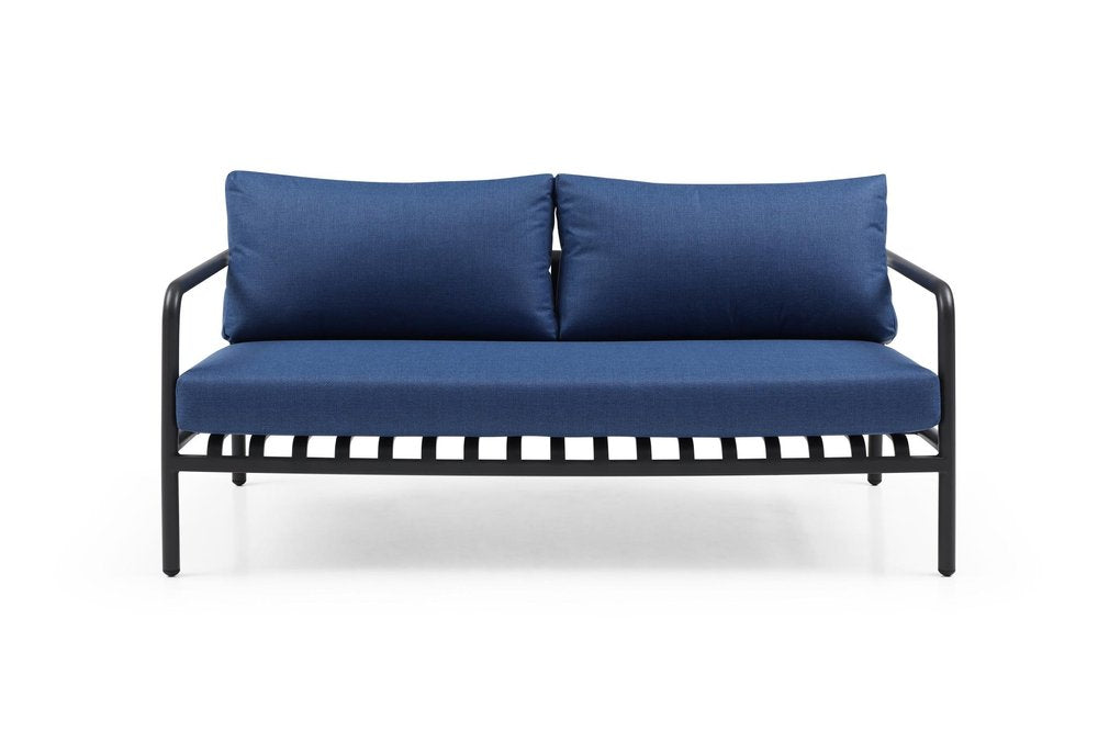 Four Piece Dark Gray and Blue Metal Upholstered Cushions Sofa Seating Group With Table  Warm Home View