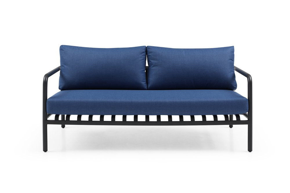 Four Piece Dark Gray and Blue Metal Upholstered Cushions Sofa Seating Group With Table  Warm Home View