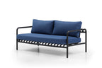 Four Piece Dark Gray and Blue Metal Upholstered Cushions Sofa Seating Group With Table  Warm Home View