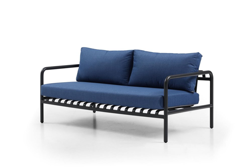 Four Piece Dark Gray and Blue Metal Upholstered Cushions Sofa Seating Group With Table  Warm Home View