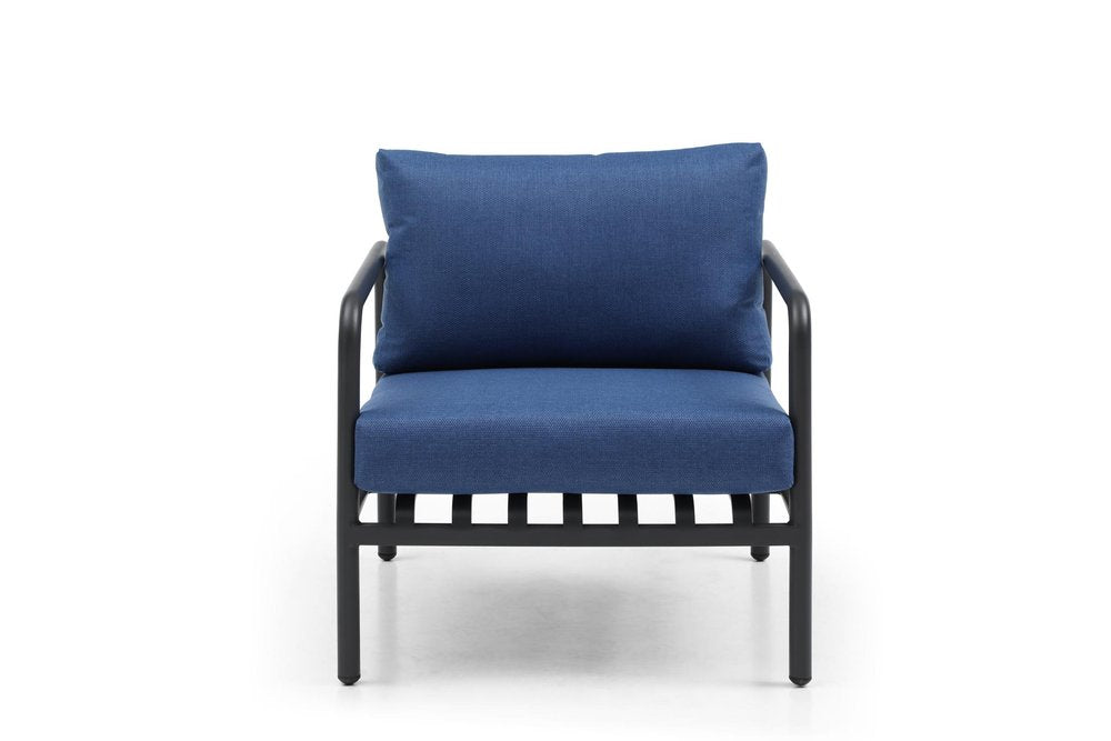Four Piece Dark Gray and Blue Metal Upholstered Cushions Sofa Seating Group With Table  Warm Home View