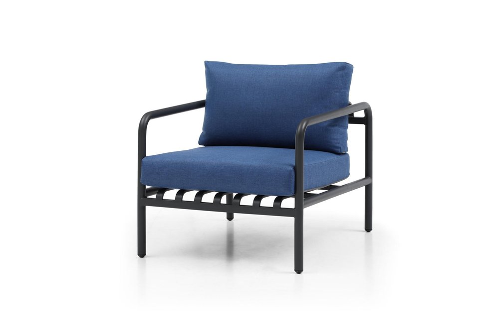 Four Piece Dark Gray and Blue Metal Upholstered Cushions Sofa Seating Group With Table  Warm Home View