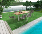 79" Natural and Silver Solid Wood and Stainless Steel Outdoor Dining Table – Teak  Warm Home View