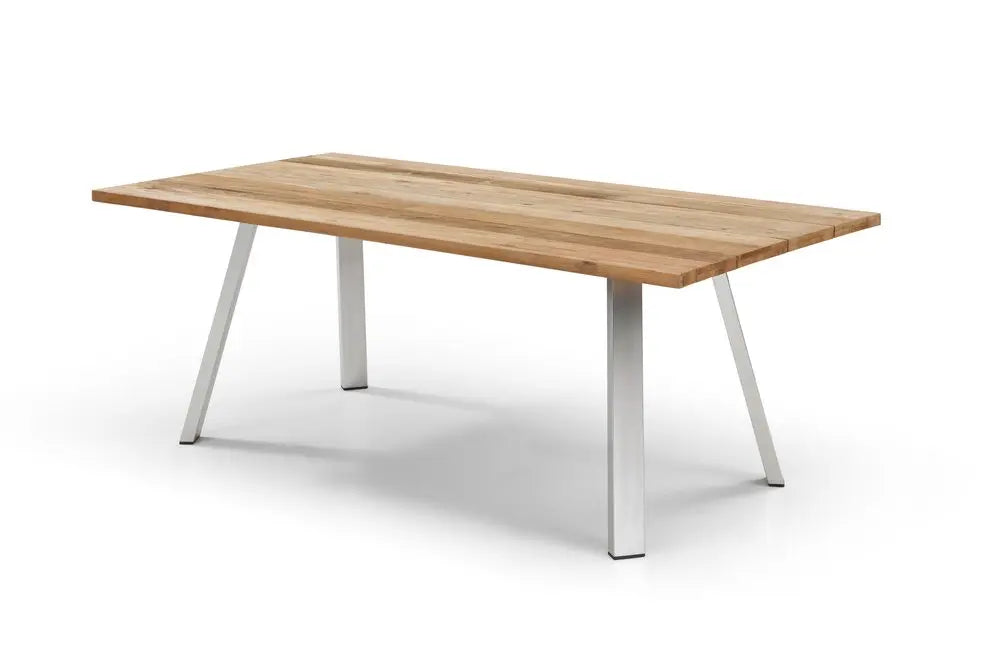 79" Natural and Silver Solid Wood and Stainless Steel Outdoor Dining Table – Teak  Warm Home View