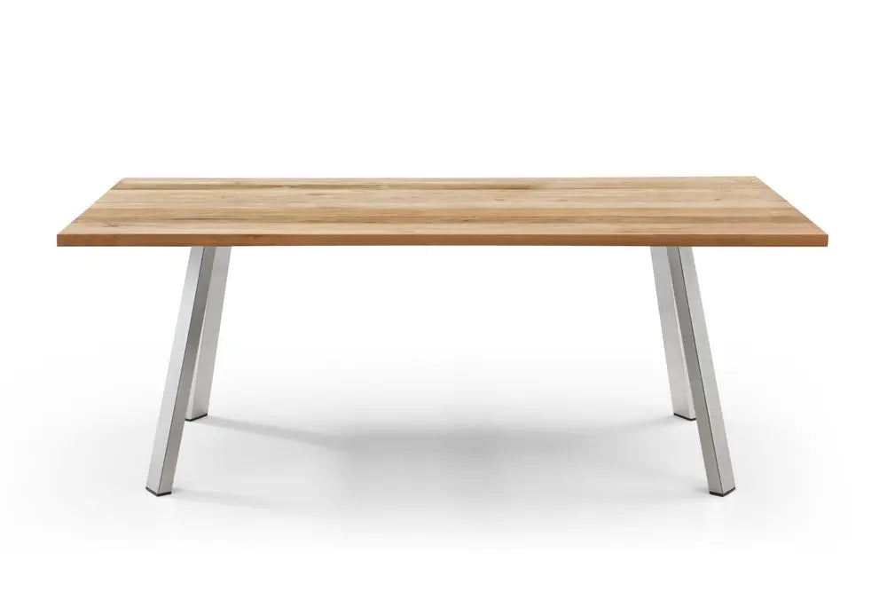 79" Natural and Silver Solid Wood and Stainless Steel Outdoor Dining Table – Teak  Warm Home View