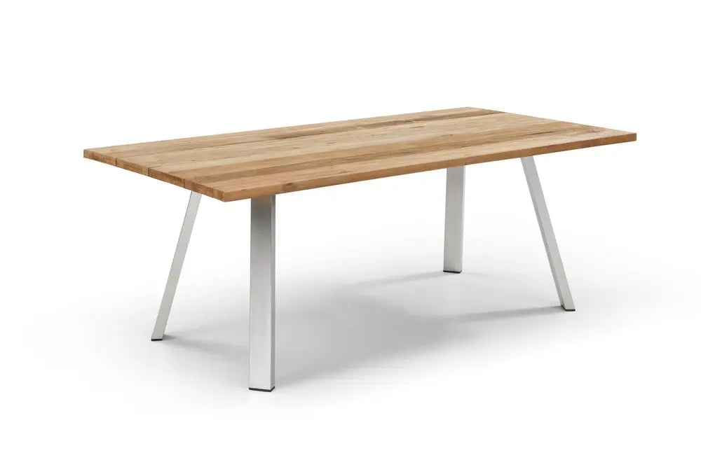 79" Natural and Silver Solid Wood and Stainless Steel Outdoor Dining Table – Teak  Warm Home View
