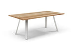 79" Natural and Silver Solid Wood and Stainless Steel Outdoor Dining Table – Teak  Warm Home View