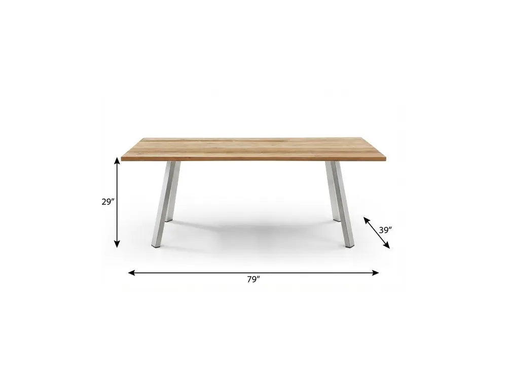 79" Natural and Silver Solid Wood and Stainless Steel Outdoor Dining Table – Teak  Warm Home View