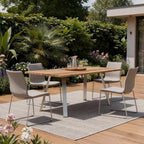 79" Natural and Silver Solid Wood and Stainless Steel Outdoor Dining Table – Teak  Warm Home View