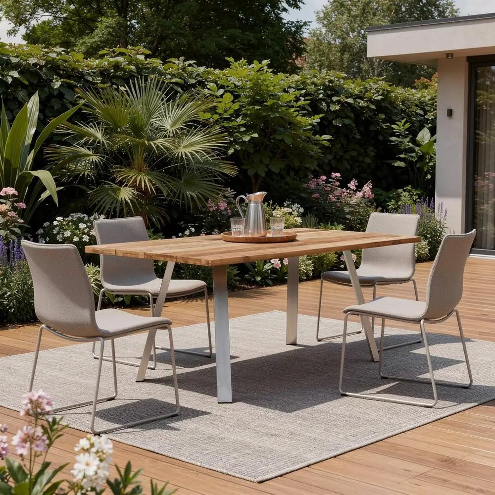 79" Natural and Silver Solid Wood and Stainless Steel Outdoor Dining Table – Teak  Warm Home View