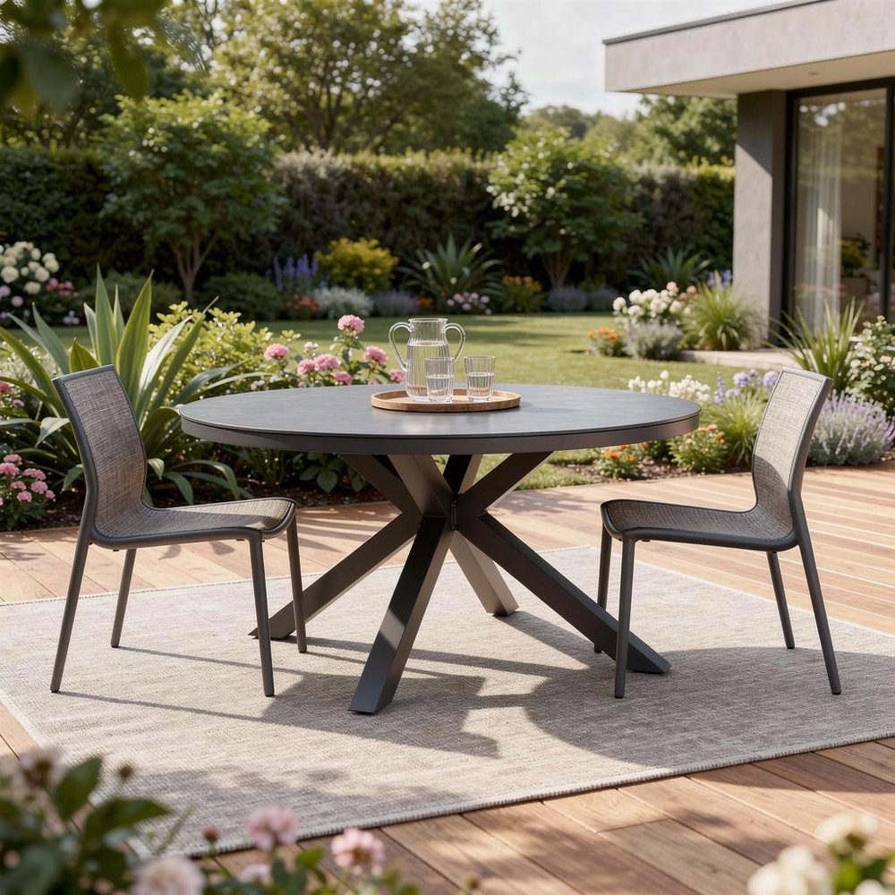 55" Dark Gray Ceramic Glass and Aluminum Round Outdoor Dining Table  Warm Home View