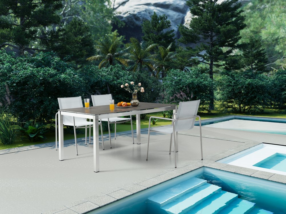 63" Dark Gray and Silver Ceramic Glass and Stainless Steel Outdoor Dining Table  Warm Home View