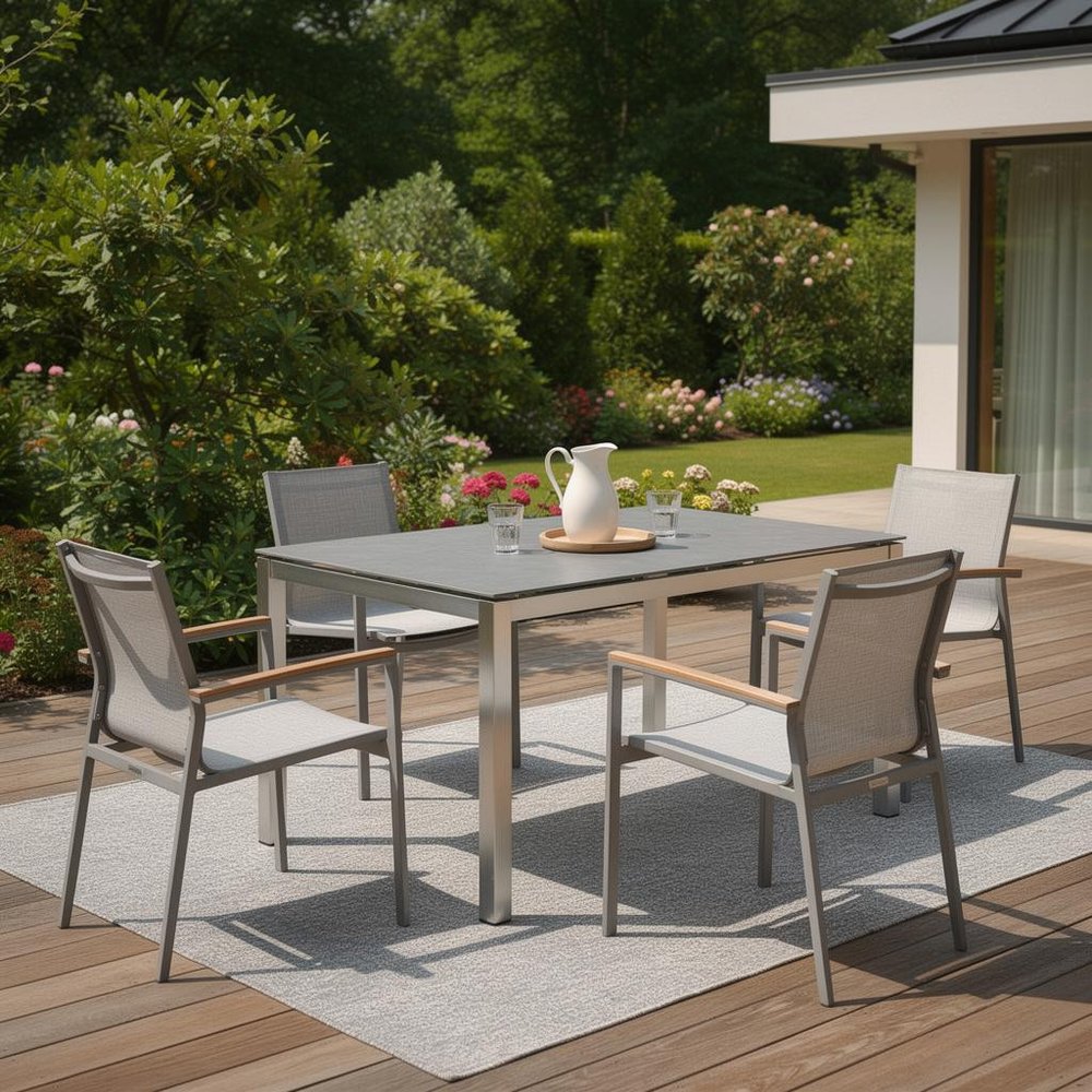 63" Dark Gray and Silver Ceramic Glass and Stainless Steel Outdoor Dining Table  Warm Home View