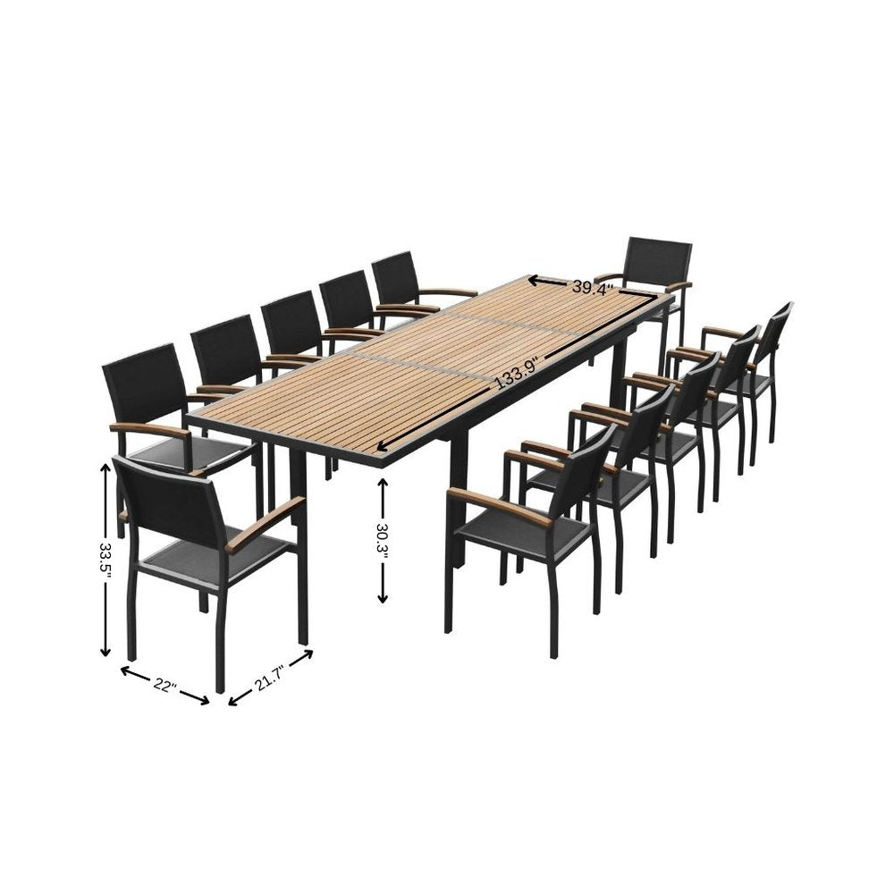 13 Piece Brown Solid Wood Dining Set with Twelve Chairs  Warm Home View