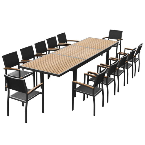 13 Piece Brown Solid Wood Dining Set with Twelve Chairs  Warm Home View