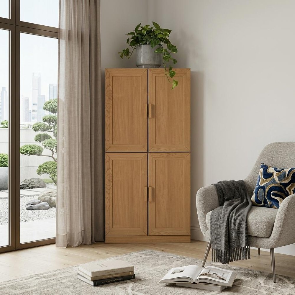Set Of Two Natural Wood Corner Accent Cabinet With Two Doors  Warm Home View