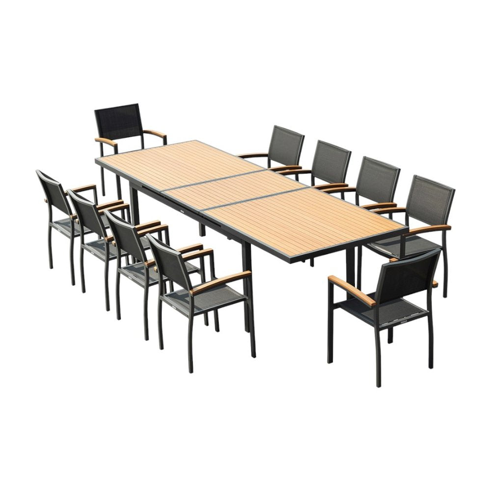 11 Piece Natural and Black Solid Wood Dining Set with Ten Chairs  Warm Home View
