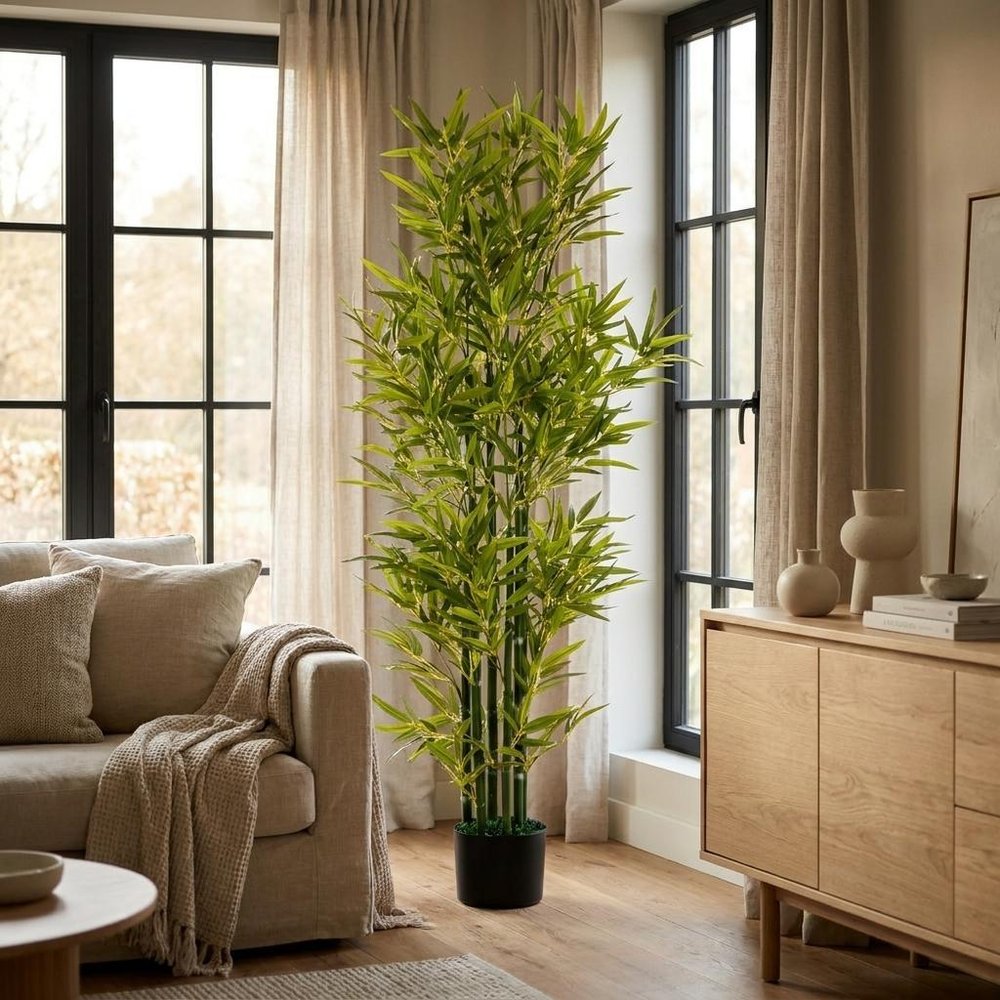 Set of Two 61" Green Artificial Bamboo Tree In Cylindrical Black Pot  Warm Home View