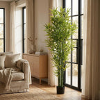 Set of Two 72" Green Artificial Bamboo Tree In Cylindrical Black Pot  Warm Home View
